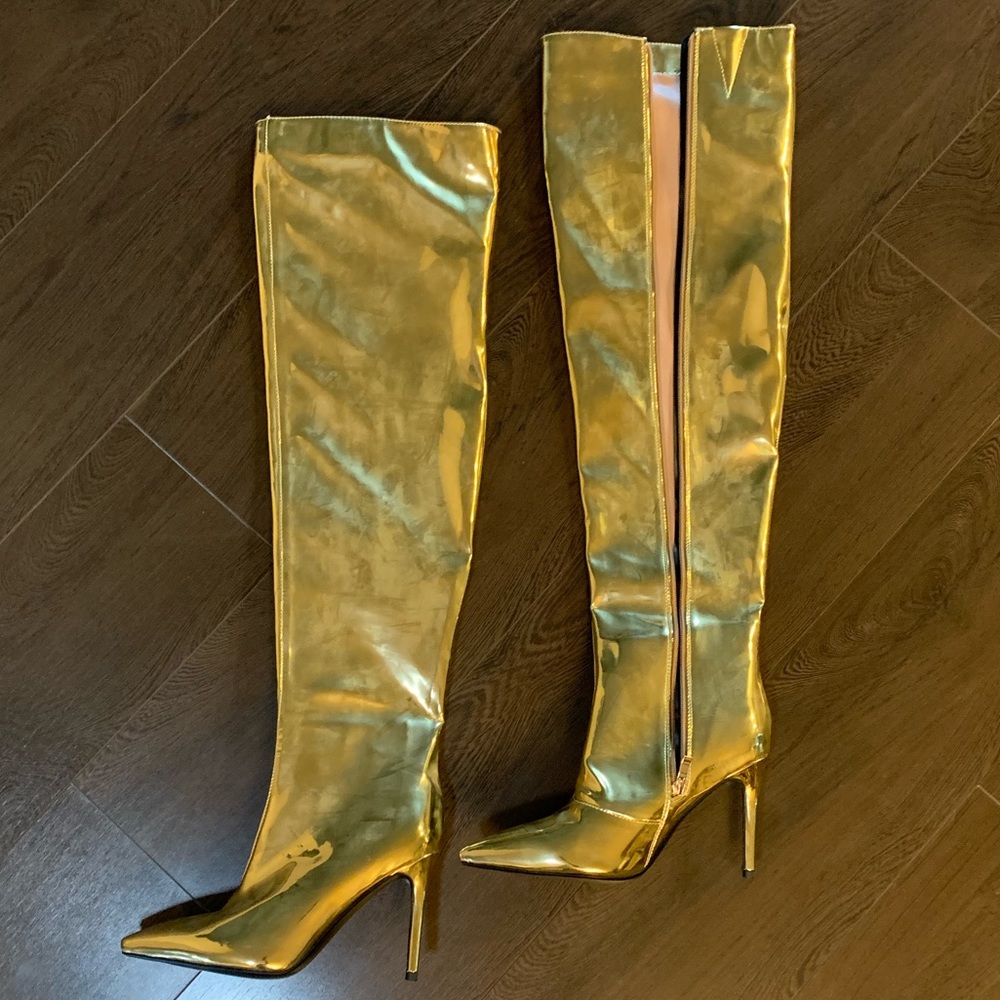 Gold metallic thigh high heel boots zipper fall winter Halloween sexy cute